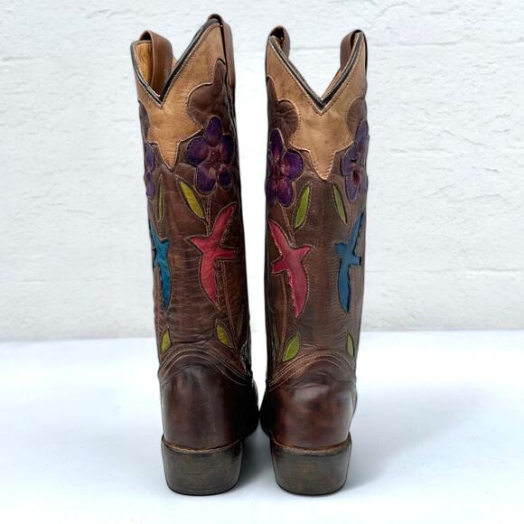 Oak Tree Farms Western Boots Bird Flower Custom Handmade Leather Teak 7.5 OOAK - Picture 6 of 12
